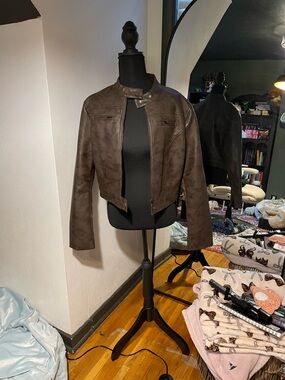 Windsor Brown Cropped Faux-Leather Moto Jacket
